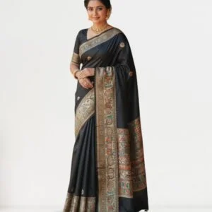 Black Handloom Tassar Ghicha Hand-Painted Silk Saree