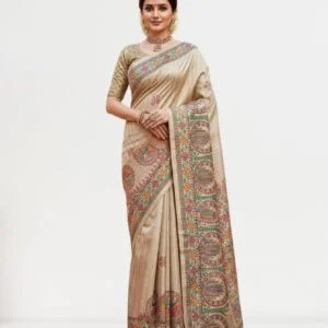 Handloom Tassar Ghicha Silk Saree – Hand-Painted Elegance