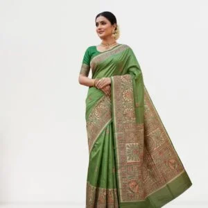 Green Handloom Tassar Ghicha Hand-Painted Silk Saree