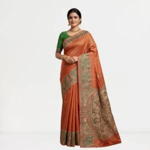Red Handloom Tassar Ghicha Hand-Painted Silk Saree