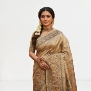Handloom Tassar Ghicha Silk Saree – Hand-Painted Elegance