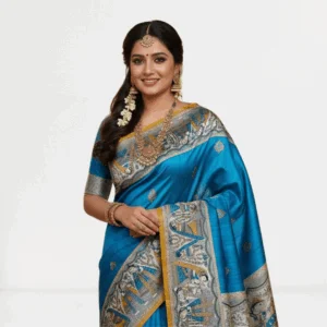 Blue Handloom Tassar Ghicha Hand-Painted Silk Saree